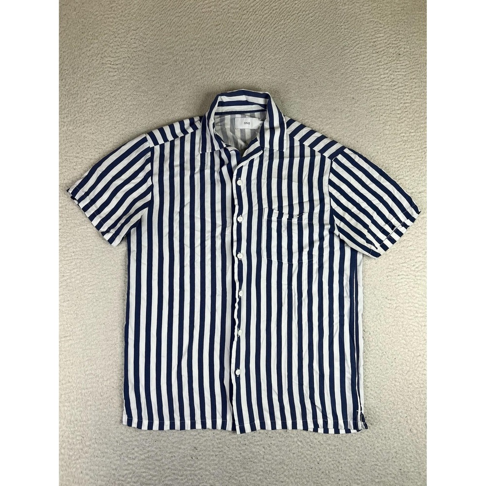 Onia Shirt Mens Small Blue White Stripe Short Sleeve Button Up Casual Summer